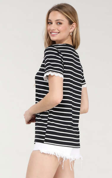 Striped Lace Sleeve Top - Black/White