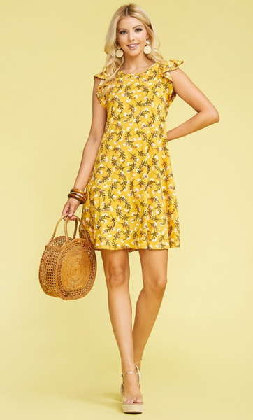 Ruffle Sleeve Dress - Mustard Floral