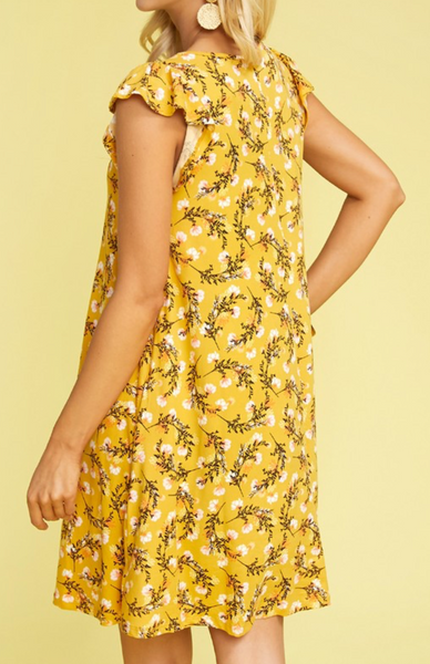 Ruffle Sleeve Dress - Mustard Floral