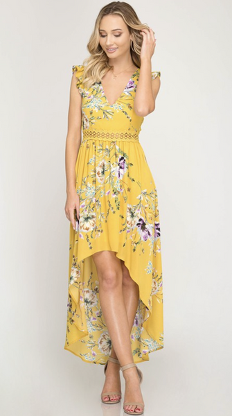 Hi-Low Floral Print Maxi Dress - Yellow
