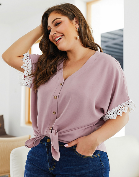 Curvy Crochet Lace Sleeve Button Down Top - Rose Pink
