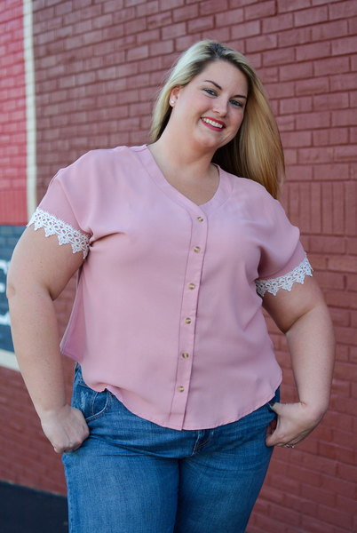 Curvy Crochet Lace Sleeve Button Down Top - Rose Pink