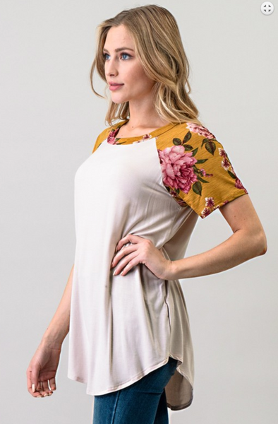 Floral Sleeve Top - Mustard / Sand