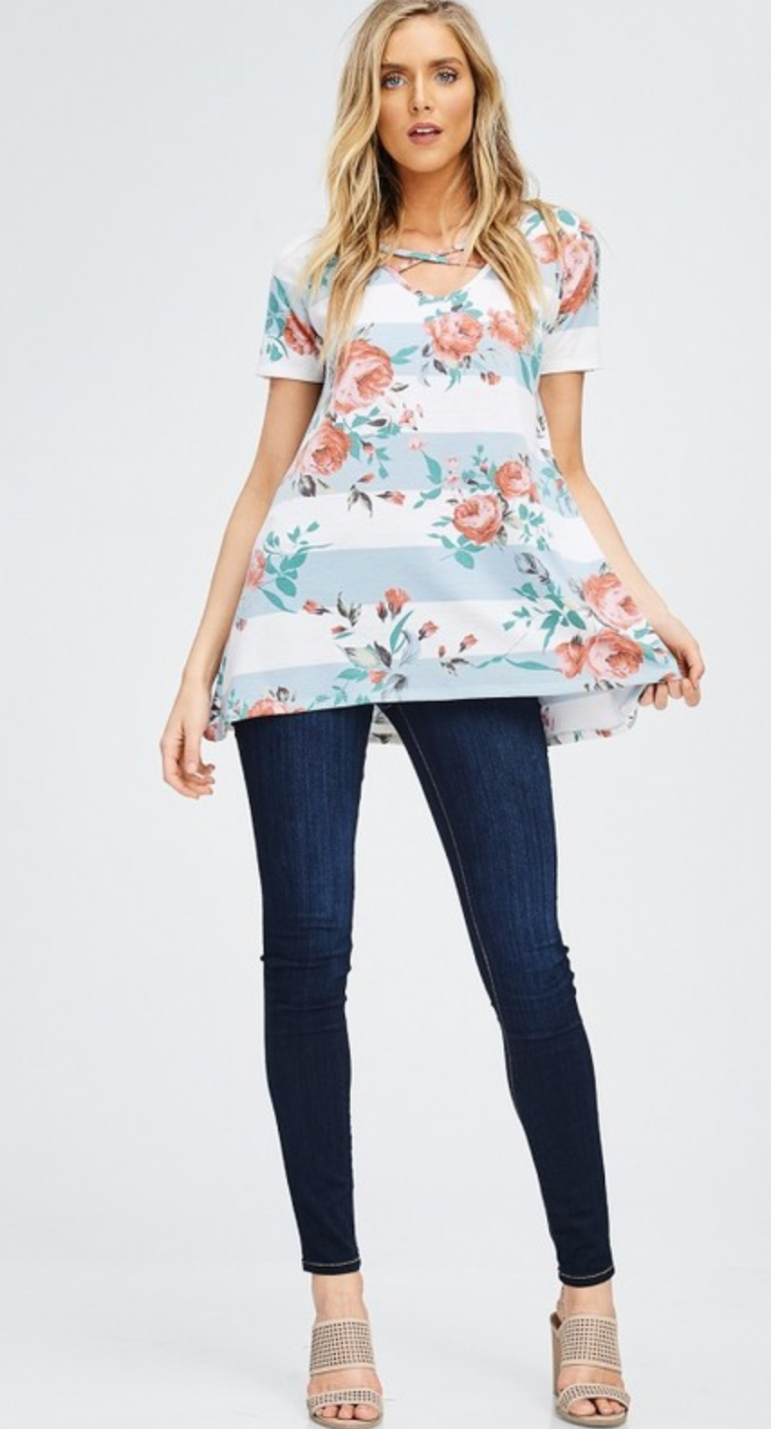 Criss Cross Neck Floral Striped Top - Blue/White
