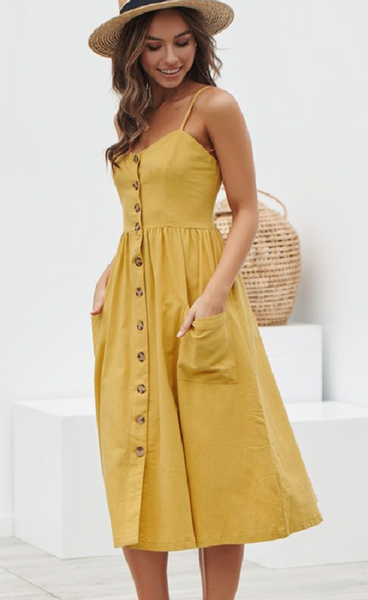 Curvy Sleeveless Button Down Pocket Dress - Mustard Yellow