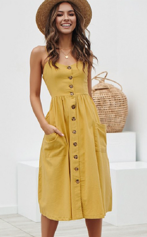 Curvy Sleeveless Button Down Pocket Dress - Mustard Yellow