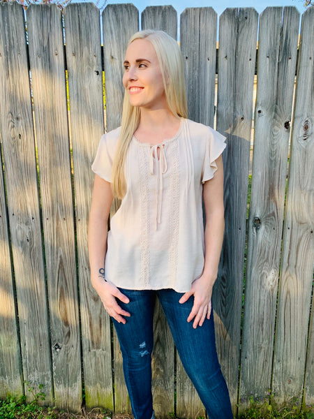 Lace Trim Ruffle Sleeve Top - Natural